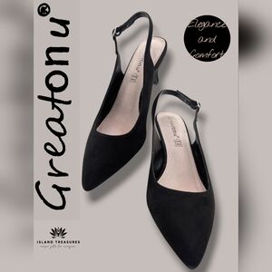 Greatonu Elegant Black Slingback Heels Sz US 7.5 Pointed Toe Kitten Heel Pumps